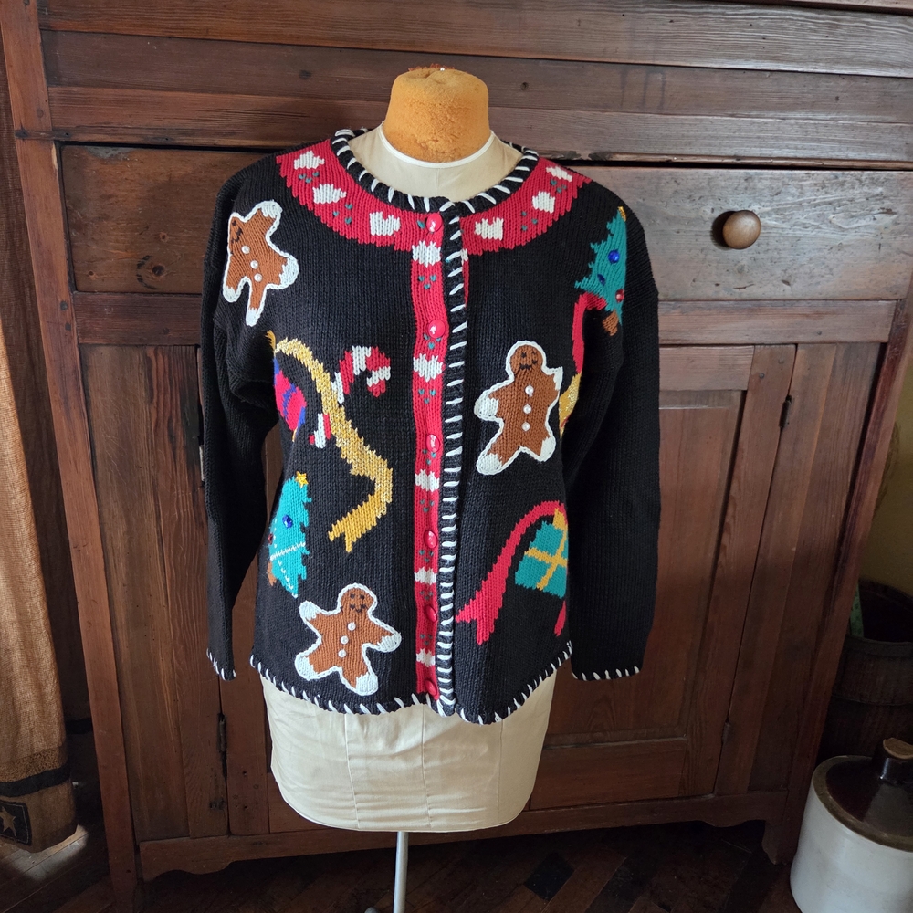 Spice of Life Christmas Cardigan Sweater Ugly Tree Bell Fireplace Present MED